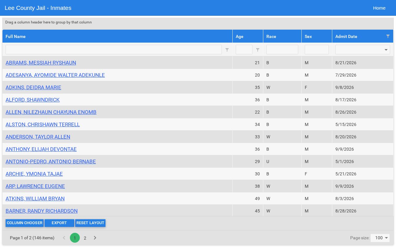 Lee County jail current-inmate roster interface