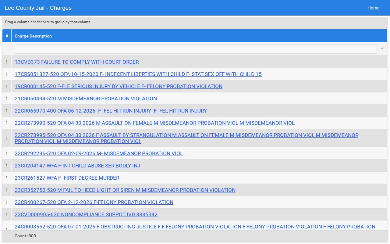 Lee County Detention Facility charge search interface