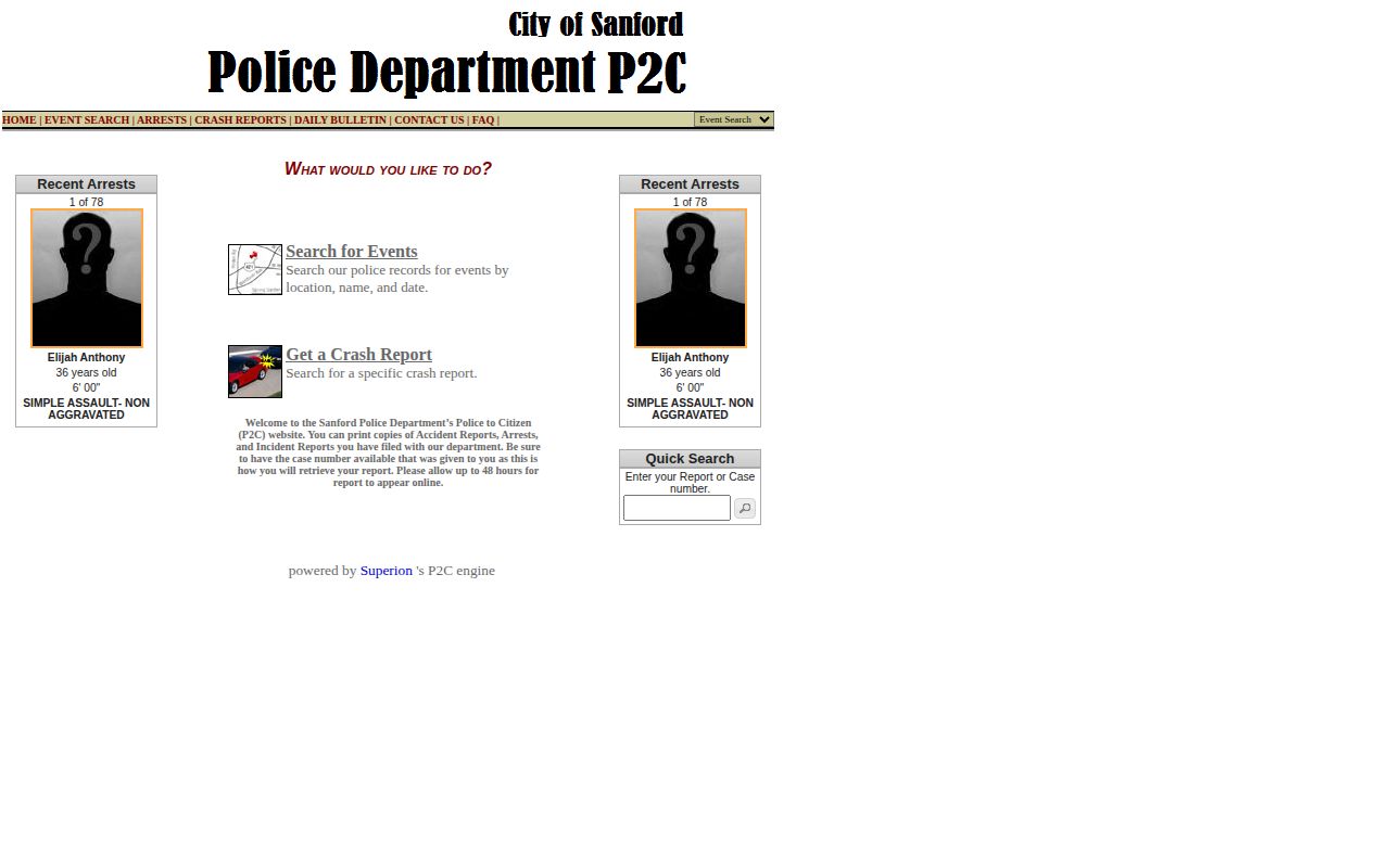 Sanford Police P2C search interface for arrest and incident records