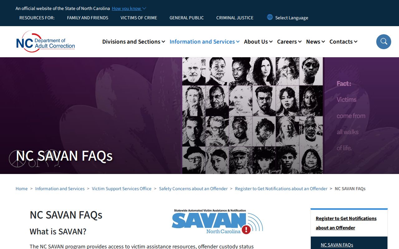 North Carolina SAVAN notification FAQ page