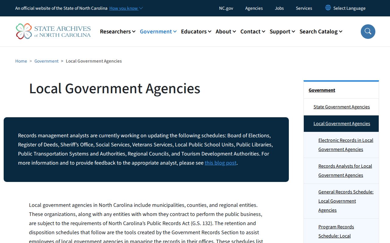 North Carolina Archives local government records guidance