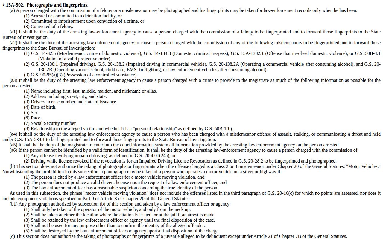 North Carolina statute governing arrest photographs and fingerprints